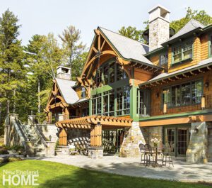 Exterior of timber frame lakeside home in New Hampshire.