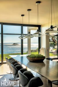 contemporary dining room with a view of Long Island Sound.