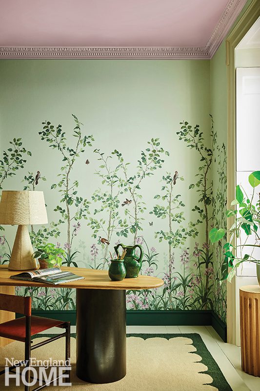 The company's Bird &amp; Bluebell wallcovering in Pea Green.