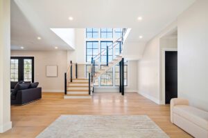 Modern staircase with large window