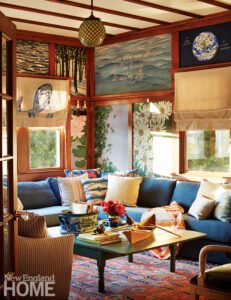 Cozy den with hand painted mural panels.