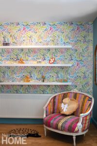 Floral wallpaper and shelves at A Little Moore