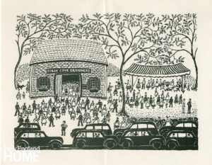A block print of an exhibition at Folly Cove’s retail barn