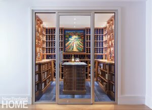 Wine room with glass doors and multiple wine racks