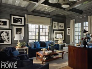 Home office with coffered ceilings