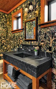 Powder room with soapstone sink and William Morris paper