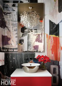 Powder room with bold abstract art wall covering