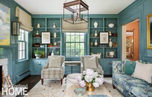 Family room with blue painted paneling