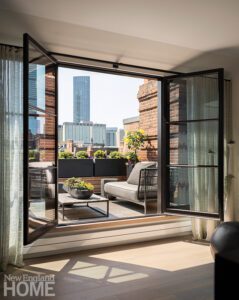 View onto a deck with views of the city of Boston