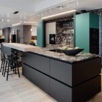Dark gray and bright green kitchen display