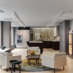 Contemporary kitchen display with elegant seating area