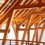 Ceiling view of a timber frame party barn
