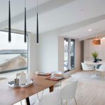 Contemporary dining area with an ocean view