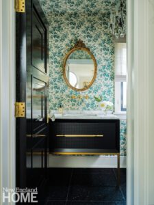 Powder room with a floral Gucci wallpaper