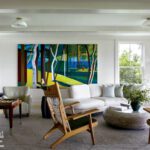 Living room with contemporary furniture, white walls and colorful artwork