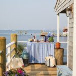 Outdoor bar with a striped custom tablecloth