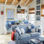 Seating area in a nautical-inspired Nantucket boathouse
