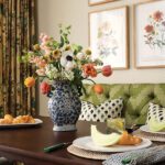 Detail of a green banquette and table setting