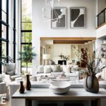Contemporary double-height living room with neutral furnishings