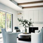 cozy conversation area with four chairs around a round ottoman
