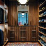 Masculine dressing room with walnut cabinetry