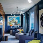 Contemporary office with purple furnishings