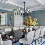 Dining room with blue and gold Gracie wallpaper