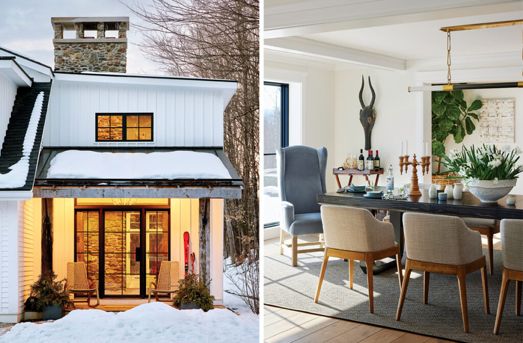 Two images, the first features the exterior of a Vermont mudroom in the evening and theother is a welcoming dining room