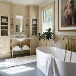 Luxurious bathroom featuring custom beige cabinetry with glass doors, a marble-topped sink with brass fixtures, and a freestanding soaking tub with a gold faucet. The space is accented by a large framed artwork, natural light streaming through the windows, and a touch of greenery for a serene and sophisticated ambiance.