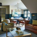 Home office and game room featuring a cozy seating area with a leather sofa and upholstered armchair, a glass coffee table, and a modern poker table with patterned chairs. The room is accented by deep blue wainscoting, abstract wall art, a brass chandelier, and natural light streaming through large windows.