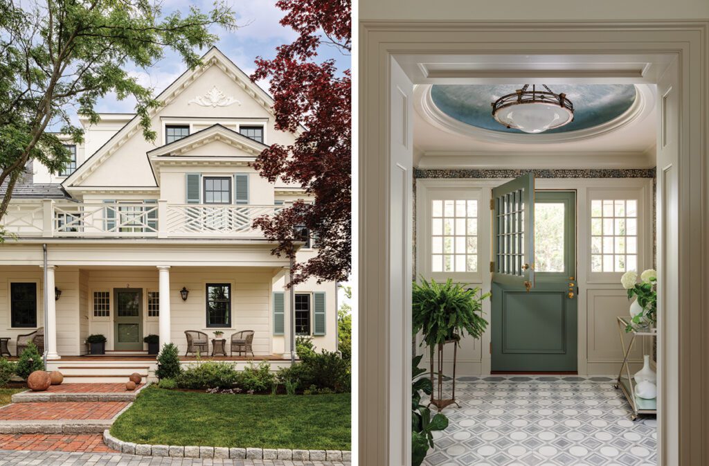 Two images. Image one is a Side view of a classic New England-style home with decorative railings, green shutters, double porch, and brick pathway framed by trees. Image 2 is Inviting entryway with a green Dutch door, blue painted ceiling, patterned tile floor, and lush greenery for a welcoming first impression.