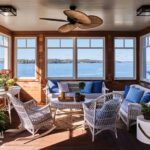 Sunlit enclosed porch with white wicker furniture, blue cushions, natural wood walls, and panoramic water views through large windows.