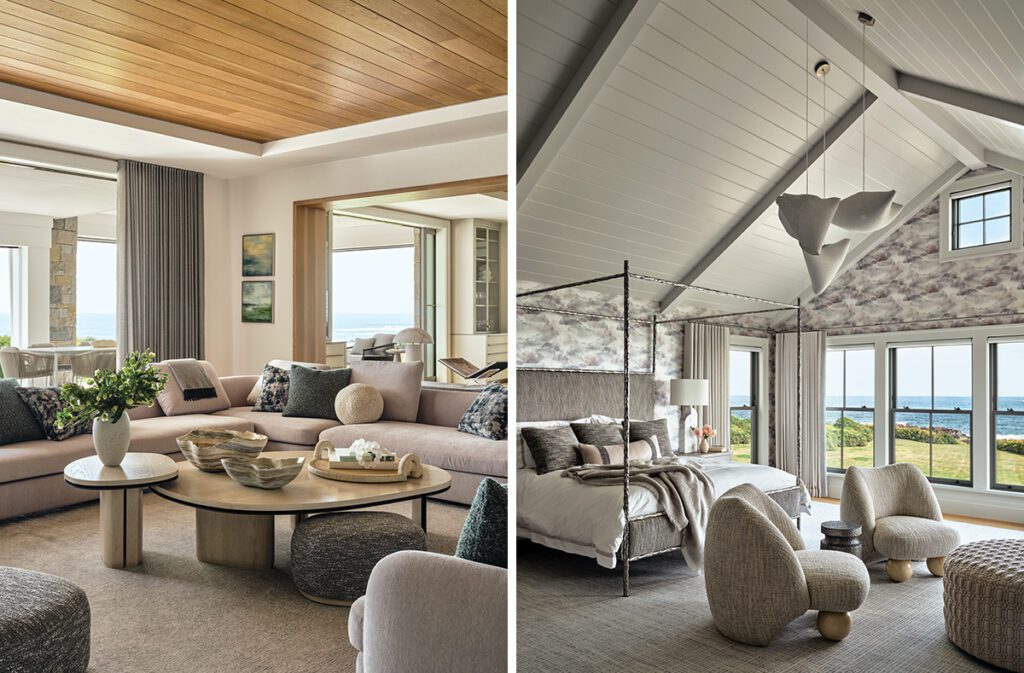 Vaulted-ceiling primary bedroom with canopy bed, ocean views, cozy sitting area, and contemporary cloud-like pendant lights and an elegant living room with plush sectional sofa, round nested coffee tables, wood ceiling, and ocean views in a contemporary New England home.