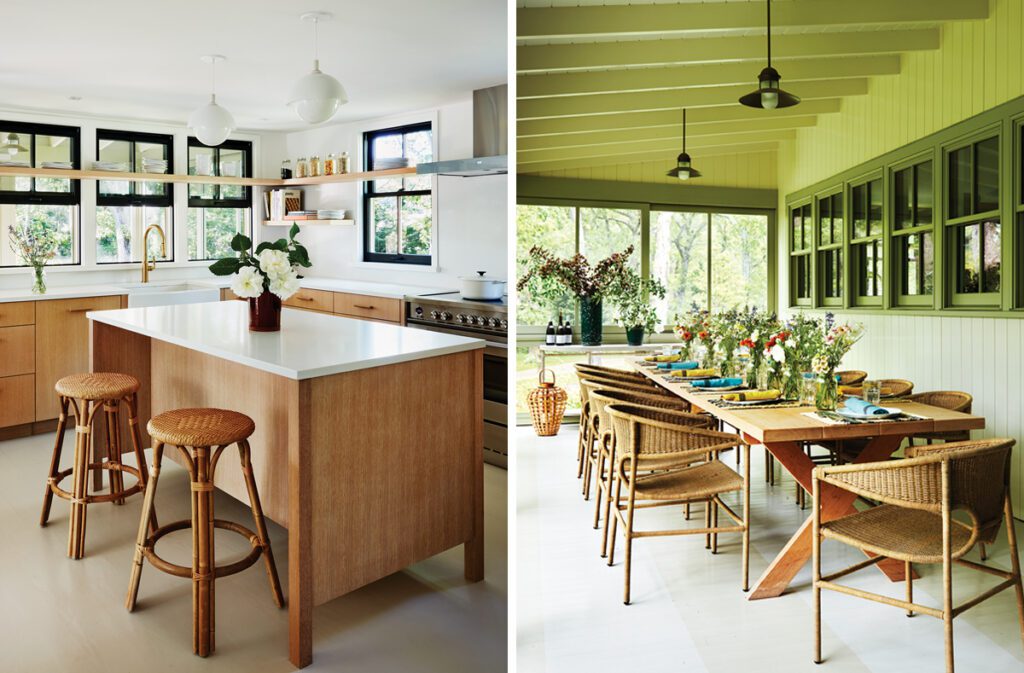 Image one: Contemporary kitchen with light wood cabinetry, white countertops, a central island with stools, and black-trimmed windows. Image two: Screened-in porch with a long wooden dining table, woven chairs, and green-trimmed windows, set for an inviting alfresco gathering.