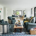 Spacious living room featuring blue upholstered furniture, layered patterns, and a large window seat for relaxed family living.