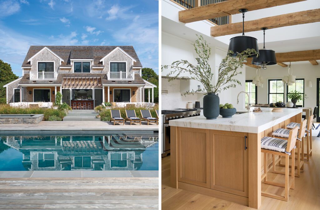 Image one: Coastal shingle-style home with symmetrical balconies and pergola overlooking a sleek rectangular pool and poolside lounge chairs. Image two: Spacious coastal kitchen with marble-topped island, exposed wood beams, and oversized black pendant lighting.