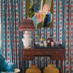 Vintage-inspired bar vignette with a wood console, global-print table lamp, bold abstract artwork, and colorful patterned wallpaper backdrop.