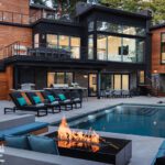 Modern backyard with sleek pool, sun loungers, fire feature, and multi-level contemporary home by LDa Architecture.