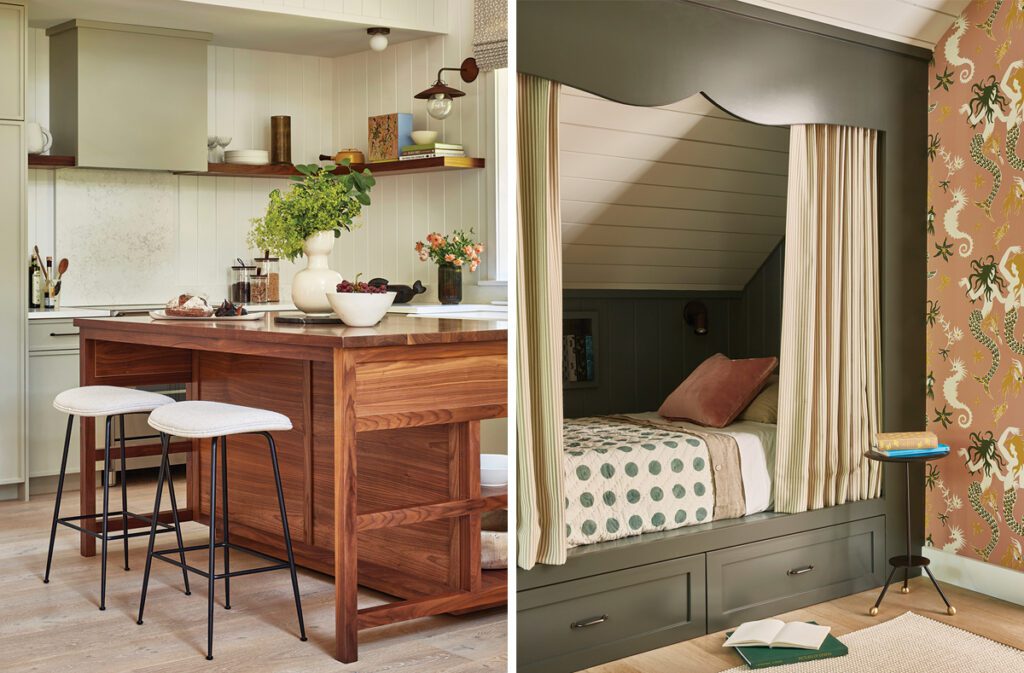Two images. Image 1: Contemporary kitchen featuring soft green cabinetry, a rich walnut island with waterfall edges, and open wood shelving against white shiplap walls.and Image 2: Built-in bunk bed with striped privacy curtains, olive green paneling, and whimsical dragon wallpaper in a cozy, attic-style bedroom.