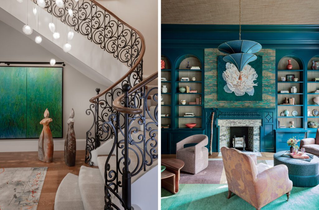 Image 1: Curved staircase with ornate wrought iron railing, sculptural lighting, and contemporary art installations. Image 2: Moody library with teal built-ins, floral art above the fireplace, and sculptural pendant light.