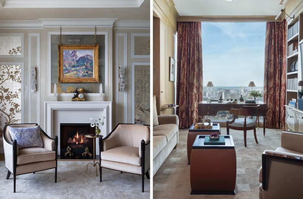 Two side by side images of a Boston high-res buildine. Image 1: Elegant sitting area with two beige armchairs, a white fireplace, and decorative chinoiserie wall panels. Image 2: Elegant study with city views, patterned drapes, and a vintage writing desk.