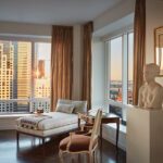 Sunlit chaise lounge and antique writing desk with skyline views in a high-rise Boston apartment.