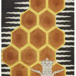 Handcrafted rug featuring honeycomb pattern, bee motif, and striped black-and-white background.