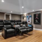 Home theater with leather recliners and movie posters