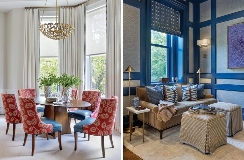 Two rooms in a Boston Back Bay apartment. One a dining room with red patterned chairs and the other a cozy blue den.