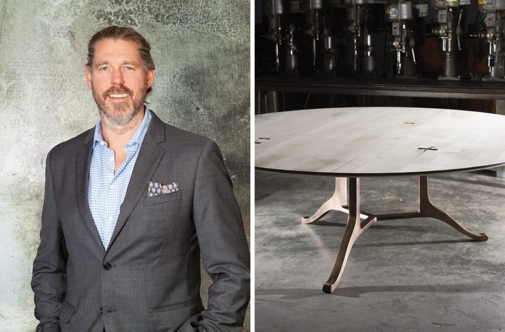 Artist Jeff Soderbergh and one of his handcrafted tables.