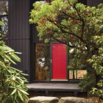 Exterior of a modern black house with a bright red front door surrounded by trees and stone walkway.