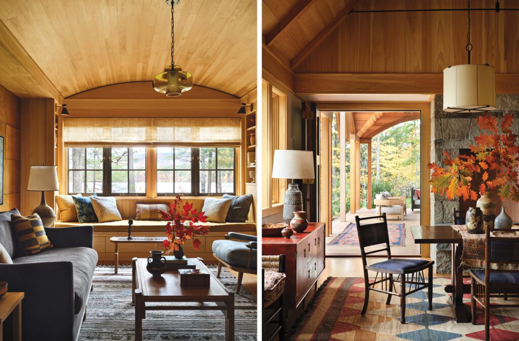 Two images from a Squam Lake home with sophisticated wood paneling and custom furnishings