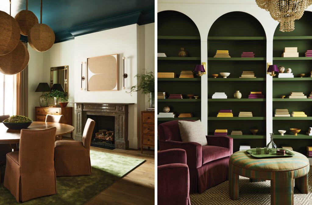 Two images. Image one is Green library with arched bookshelves and plum velvet seating and Image two is arm dining room with stone fireplace and sculptural woven pendants.