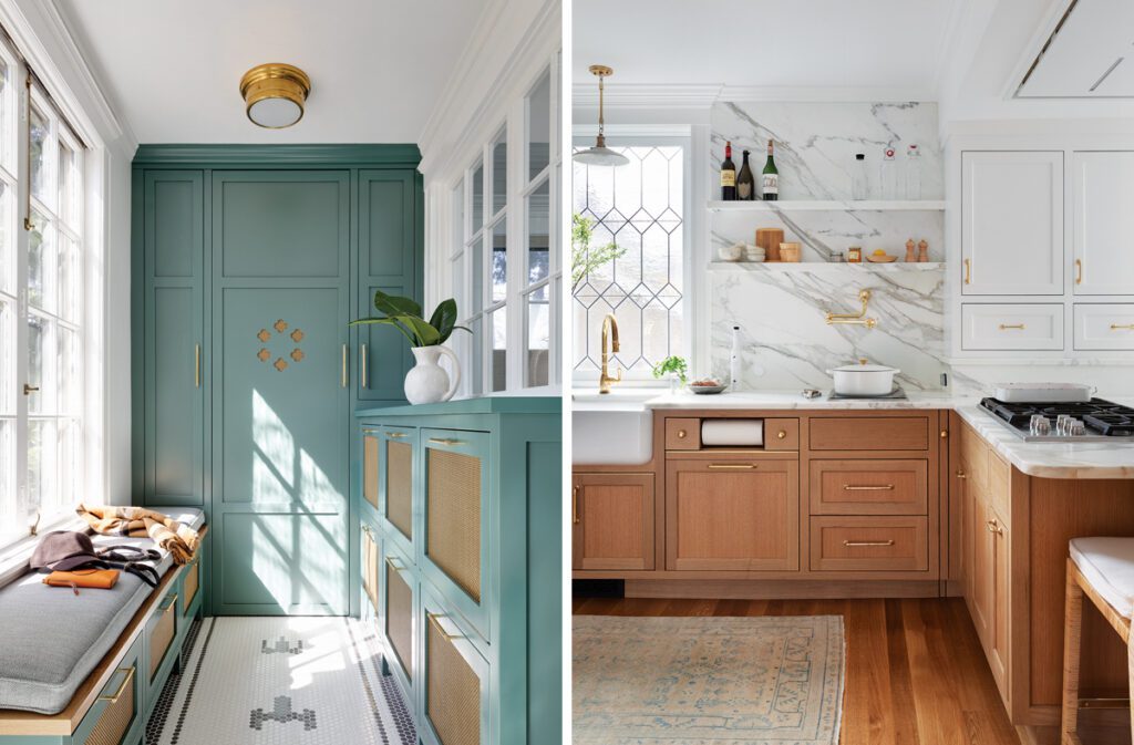 Two images: Green mudroom with built-in storage, cane cabinet fronts, and patterned tile floor and Bright kitchen with marble backsplash, wood cabinetry, and brass fixtures Description: This refined kitchen combines warm wood cabinetry with a dramatic marble backsplash, open shelving, and brass fixtures, striking a balance between classic craftsmanship and modern function.